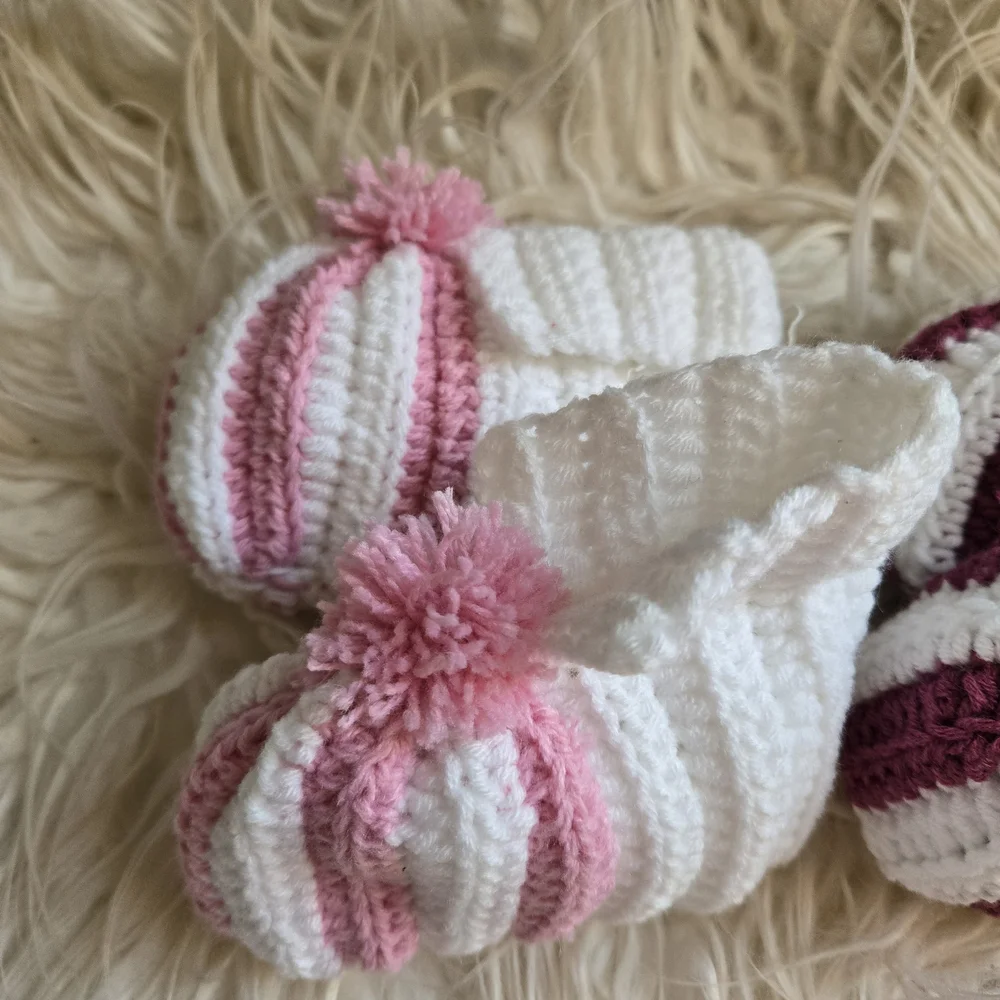 Handmade Knitted Baby Booties - Pink and Purple